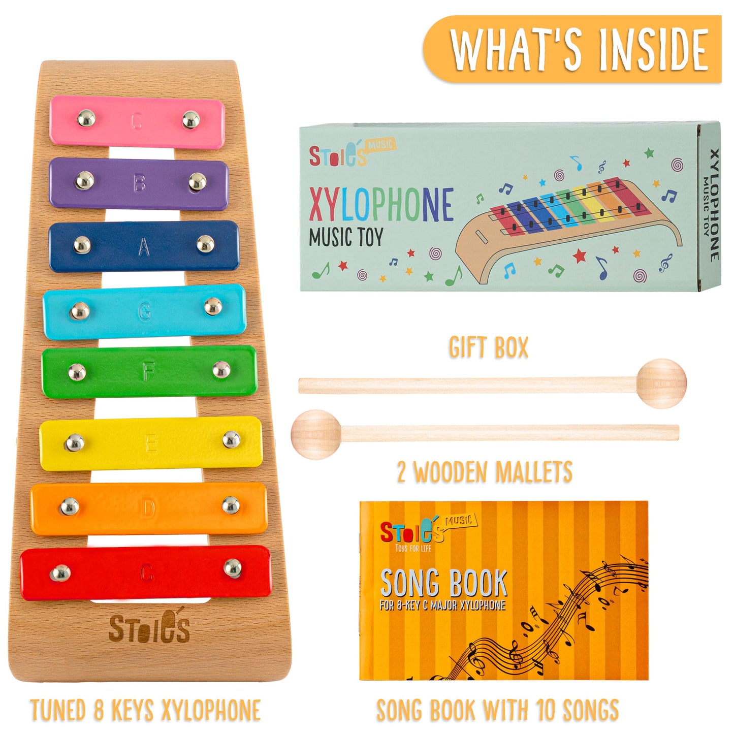 Stoie's Wooden Xylophone for Kids and Toddlers, Curved Design, 8 Notes of Rainbow Color, Tuned C-Key Xylophone with Mallets, Music Songbook, Kids Musical Instrument Educational Montessori Toys