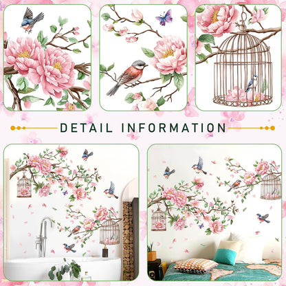 Removable Large Flowers with Tree Branches Wall Stickers – DIY Peony Floral Birds Wall Decals, Peel and Stick Leaves & Birdcage Wall Decor for Kids Girls Bedroom, Nursery, Living Room, Classroom