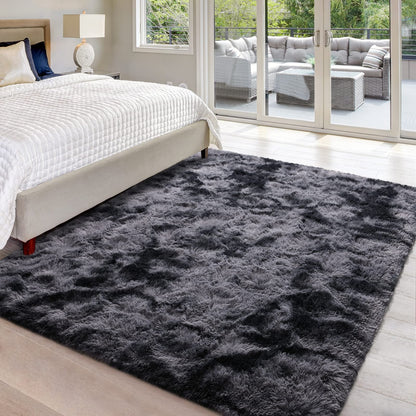 Hutha 5x8 Large Area Rugs for Living Room, Super Soft Fluffy Modern Bedroom Rug, Tie-Dyed Dark Grey Indoor Shag Fuzzy Carpets for Girls Kids Nursery Room Home Decor