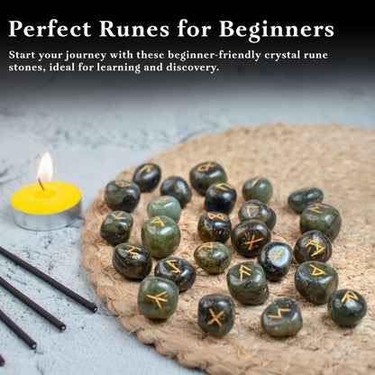 Crocon Labradorite Rune Stones Set Engraved with Elder futhark Crystal Runes Set, Reiki Healing runas for Meditation Chakra Balancing, Rune Stone for Beginners with Crystal Guide & Pouch (15-20 mm)
