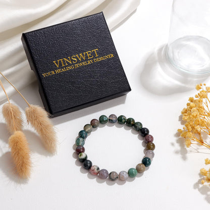Vinswet Healing Crystal Bracelets for Women Men 8mm India Agate Natural Stone Beaded Stretch Bracelet Handmade Gemstone Reiki Spiritual Jewelry Gifts