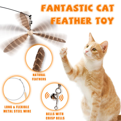 JXFUKAL Cat Wand Toys, Interactive Cat Toys with 3 Feather Refills, 29'' Flexible Steel Wire, Sturdy Wood Handle & Bell for Kitty Kitten, Cat Toys for Indoor Cats Teaser Cat String Toy