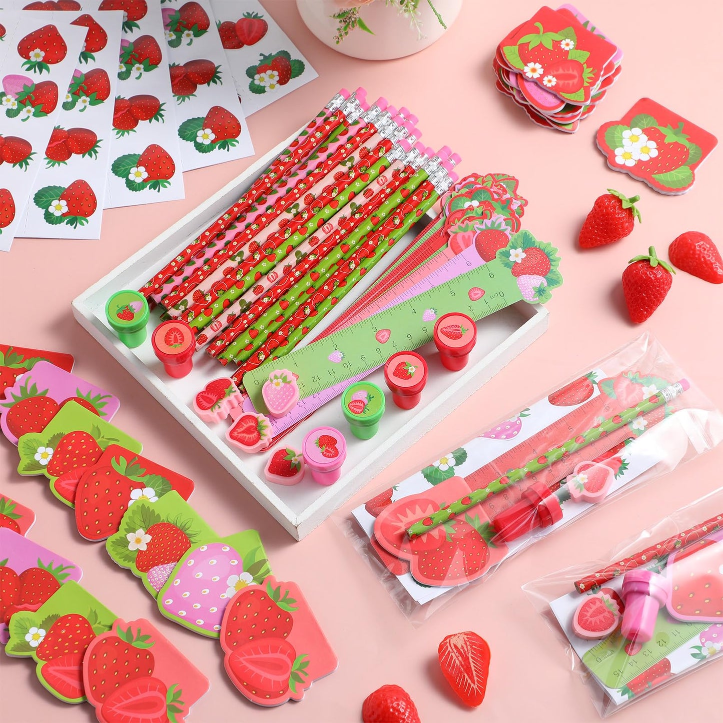 Cholemy 168 Pcs Strawberry Party Favors Supplies Stationery Set Notebook Sticker Stamper Eraser Ruler Pencil Bag for Strawberry Baby Shower Birthday Party Gift Classroom Prize