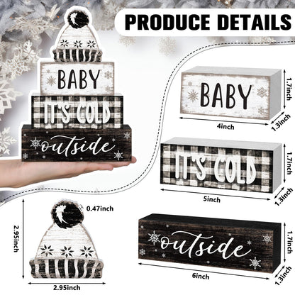 Marsui 4 Pcs Winter Wooden Tabletop Decor Wooden Hat Block Sign Rustic Tiered Tray Decor Baby Its Cold Outside Table Centerpiece Cozy Neutral Winter Decoration for Home Office Desk Shelf