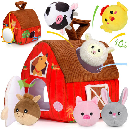 Aojieni Baby Toys 6-12 Months: Plush Surprise Barn with Stuffed Farm Animals, Rattle, Crinkle Paper, Mirror, Busy Montessori Toys for Babies, Infant, Newborn, Sensory Toys for Toddlers 1-3