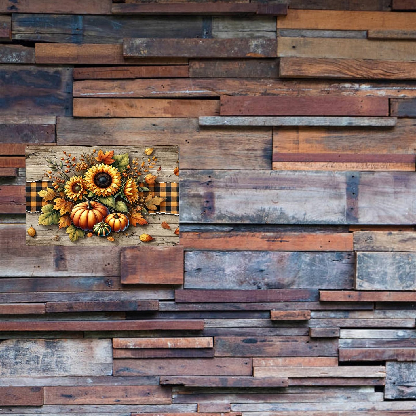 NISEVAN Fall Wall Decor Metal Sign, Autumn Sunflowers Pumpkins Tin Sign for Thanksgiving Day Holiday Decor, Farmhouse Home Kitchen Coffee Shop Cafe Pub Coffee Decorations, 12x8 Inches