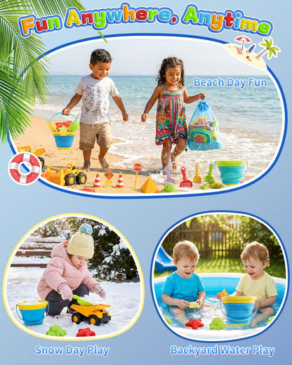 KONYXALU 30PCS Beach Toys for Kids Ages 3-10, All-in-One Sand Toy Set with 2 Collapsible Buckets, Mesh Bag for Easy Packing, Trucks, Sea Animal Molds, Shovels & Sieves for Beach, Sandbox & Snow Play