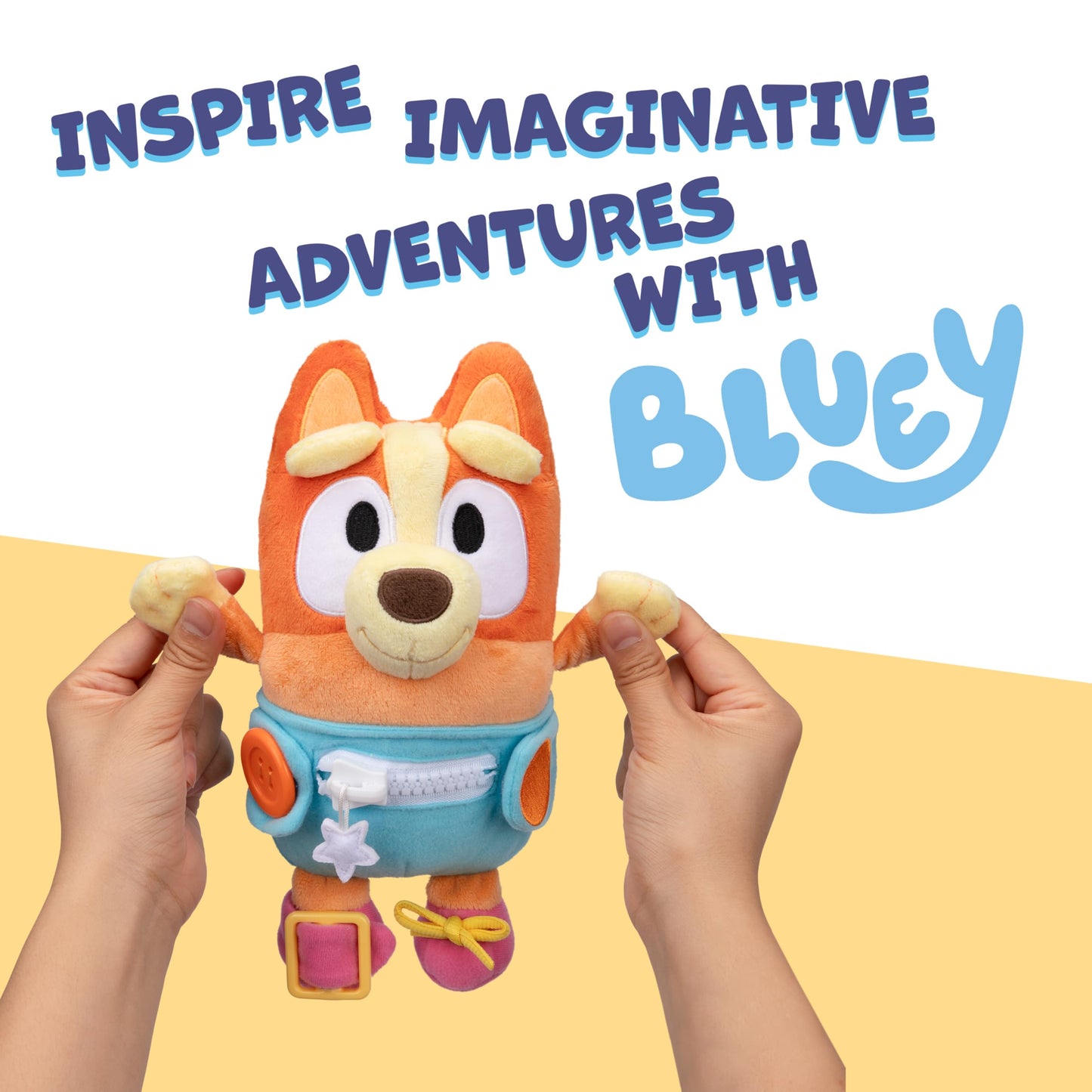Dress & Play Baby Bingo Bluey Plush, Button, Zip, Buckle and Tie, Learn to Dress Dolls for Toddlers Ages 3+, Fine Motor Skills Baby Zipper Toy