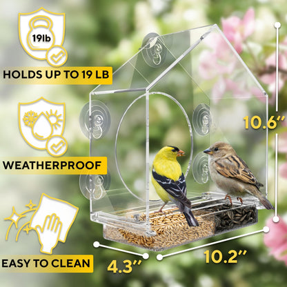 Premium Window Bird Feeder for Outside - Clear Bird House w/Largest Window for Viewing Birds - Easy to Install & Sturdy Feeder w/Extra Strong Suction Cups - Perfect for Kids, Adults and Cats