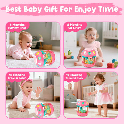 M SANMERSEN Baby Girl Toys 6-12 Months, Dinosaur Rotating Light Up Musical Baby Toys for 0-6 12-18 Months Newborn Infant Crawling Tummy Time Toys, Birthday Easter Gifts for Baby Girls- Pink