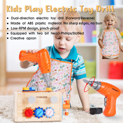 REXBETI Kids Tool Set with Electric Drill, 43Pcs Wooden Toddler Tool Bench with Apron, Educational Montessori Toys for 3 Year Old Boys, Toddler Tool Set, Birthday Gifts for 3 4 5 Year Old Boy Girl