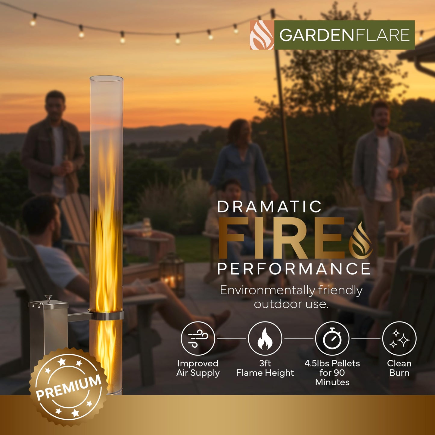 Gardenflare GARDENFLARE Stainless Steel Pellet Stove & Smokeless Firepit, Patio Heater for Ambiance - Fire Pit for Patio, Fire Tube, Outside Backyard Bonfire & Outdoor Fireplace (Silver, Premium)