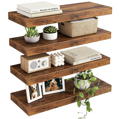 Fixwal Wood Floating Shelves, Wall Shelves Set of 4, Shelves for Wall Decor, with Invisible Brackets for Bathroom, Living Room,Bedroom and Kitchen(Rustic Brown)