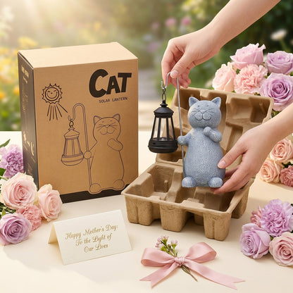 Qeeman Solar Cat Garden Statue: Weatherproof Resin Figurine with Warm Glow Lantern - Outdoor Decor for Yard Pathway Patio Porch Balcony - Gifts for Mom Grandma Cat Lovers