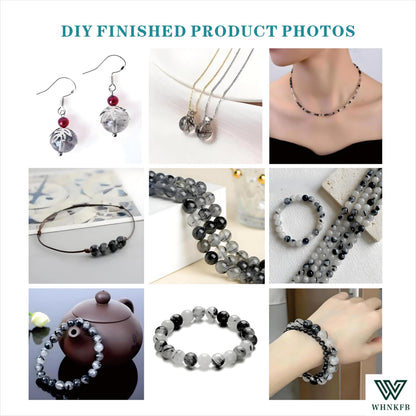 WHNKFB 8mm 50PCS Natural Black & White Mixed Rutilated Quartz Round Beads, Loose Crystal Beads for Jewelry Making Craft - 4mm 6mm 8mm 10mm Options with Free Elastic Cord