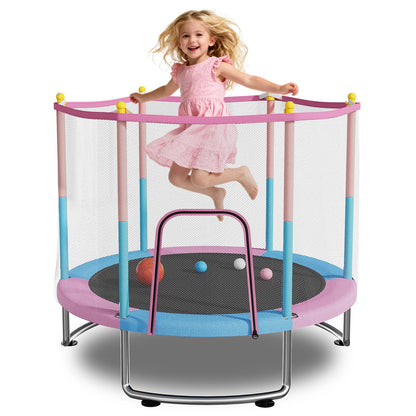 55" Kids Trampoline with Safety Net – 440lbs Capacity, Upgraded Rust-Proof Ring Legs, Adjustable Gymnastics Bar & Toys – Indoor Outdoor Toddler Trampoline for Boys & Girls Ages 1-8 (Pink)