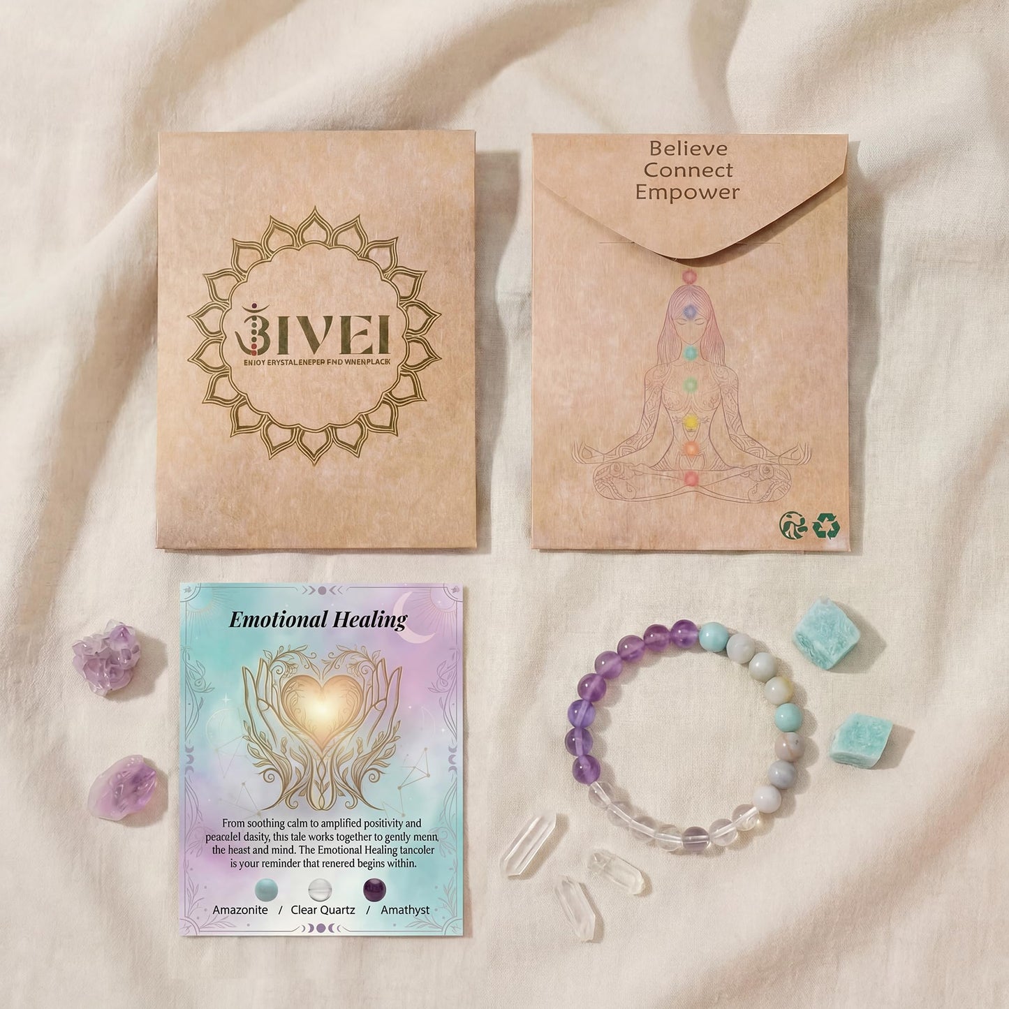 Bivei Emotional Healing Bracelet, Strength Crystal Healing Bracelet 8MM with Amazonite & Clear Quartz & Amethyst - Spiritual Stretch Beaded Jewelry for Women Men Gift