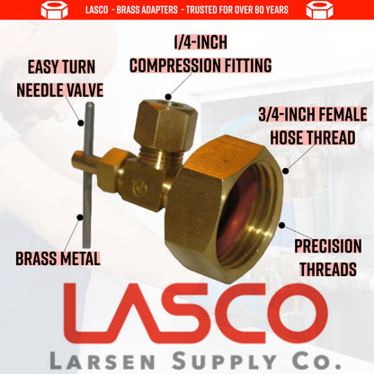 LASCO 17-8385 3/4 Female Garden Hose Thread by 1/4-Inch Compression Needle Valve Brass Adapter, Copper