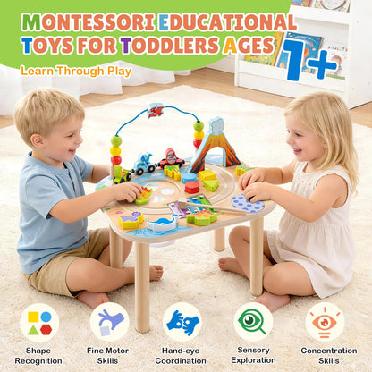 Activity Table for 1 Year Old with Two Height Levels,Wooden Sensory Play Table for Toddlers 1-3,8 in 1 Montessori Learning Toy with Bead Maze, Shape Sorter,Train,Gift for Baby Boys Girls (Dinosaur)