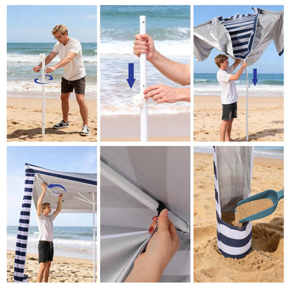 Jihfmo 8x8 Ft Large Beach Cabana Tent, UPF 100+ Windproof Sun Shelter for Family - 64 Sq Ft Big Shade Canopy with Sand Anchors & Cooling Silver Glue Coating, Easy Setup Portable Sunshade - Blue Stripe