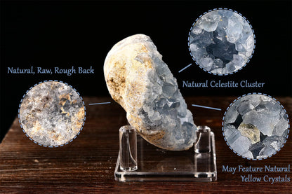 AMOYSTONE Heart Celestite Crystals Natural Healing Crystal Blue Geode Raw Celestite Clusters Large Crystal Stone for Reiki, Gifts, Decor with Plastic Stand 3.6"-4"