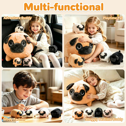 MMguai 16 Inch Large Pug Stuffed Animals with Babies, Mommy Pug Dog with Puppies Inside Belly,Soft French Bulldog Pillow Plush Toy Plushie Gift for Kids Boy Girl, Brithday Decor