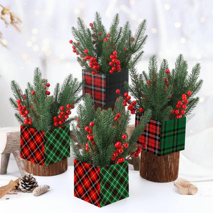 Zeyune 4 Set Christmas Centerpiece for Table Bulk, 4.7 Inch Xmas Centerpiece Decoration Ideal with Artificial Pine Branches and Red Berries Stems for Xmas Party Indoor Home Decor (Christmas Plaid)