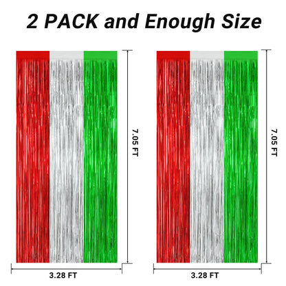 2 Pack Christmas Backdrop, 3.28 FT x 7.05 FT Red Silver Green Party Streamer, Metallic Xmas Backdrop Fringe Curtains Foil Tinsel, Christmas Decorations Wall Decor Photo Booth Props