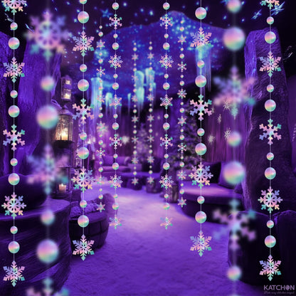 KatchOn, 6.5 FT Christmas Garland Decorations- 8 String, No DIY | Snowflake Garland | Hanging Christmas Decorations Indoor | Snowflakes Streamers for Iridescent Party Supplies, Winter Decor