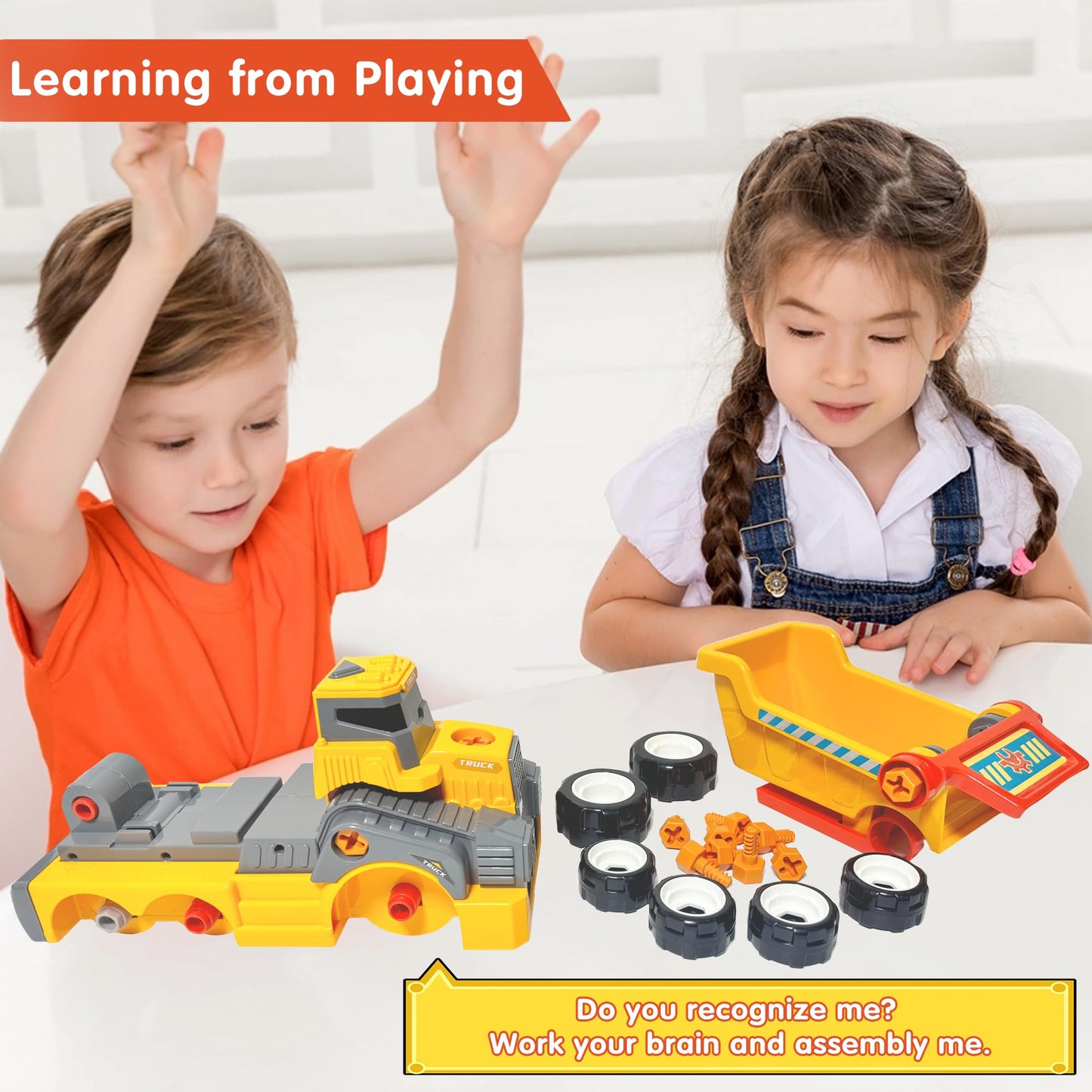 EKU EASYKU 11inches Large Take Apart Construction Toys Dump Trucks for Boys Girls Kids 3-5 6-8 Year Old Electric Drill Set Assembly Building Toys Learning Toys
