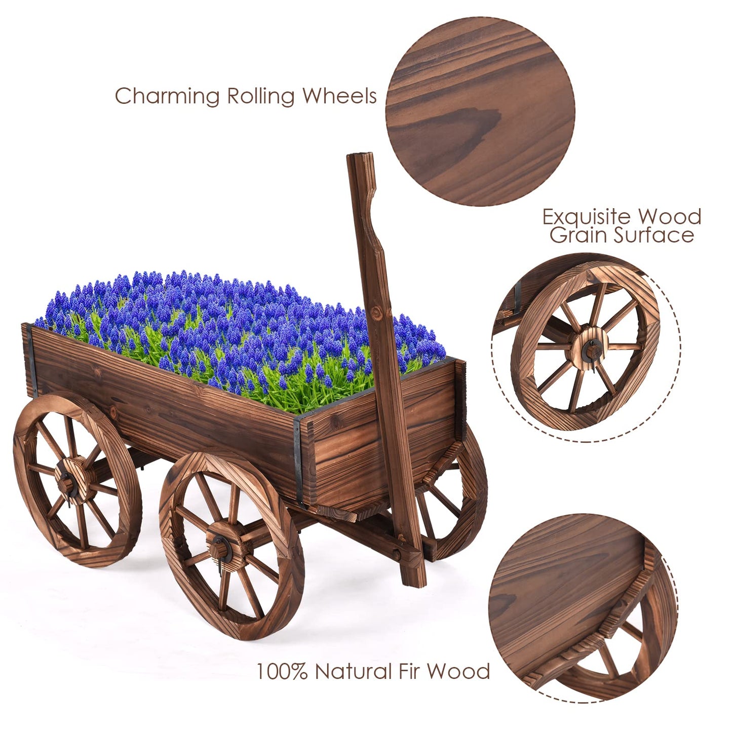 S AFSTAR Wooden Wagon, Wood Flower Planter Pot Stand with 4 Wheels & Drainage Holes, Amish Wagon Planter, Rolling Pot Stand Wood Wagon for Outdoor Plants Garden Decorative Garden Planter, Brown