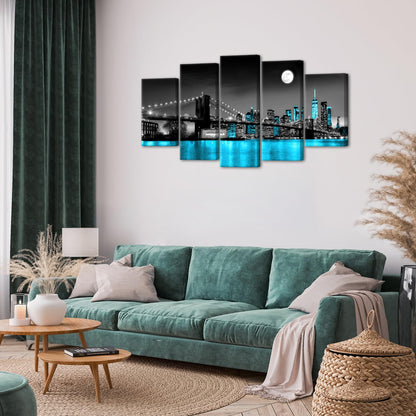 KLVOS 5 Panel Brooklyn Bridge Canvas Wall Art Modern New York City Picture Painting Blue Night View with Moon Decor for Home Ready to Hang