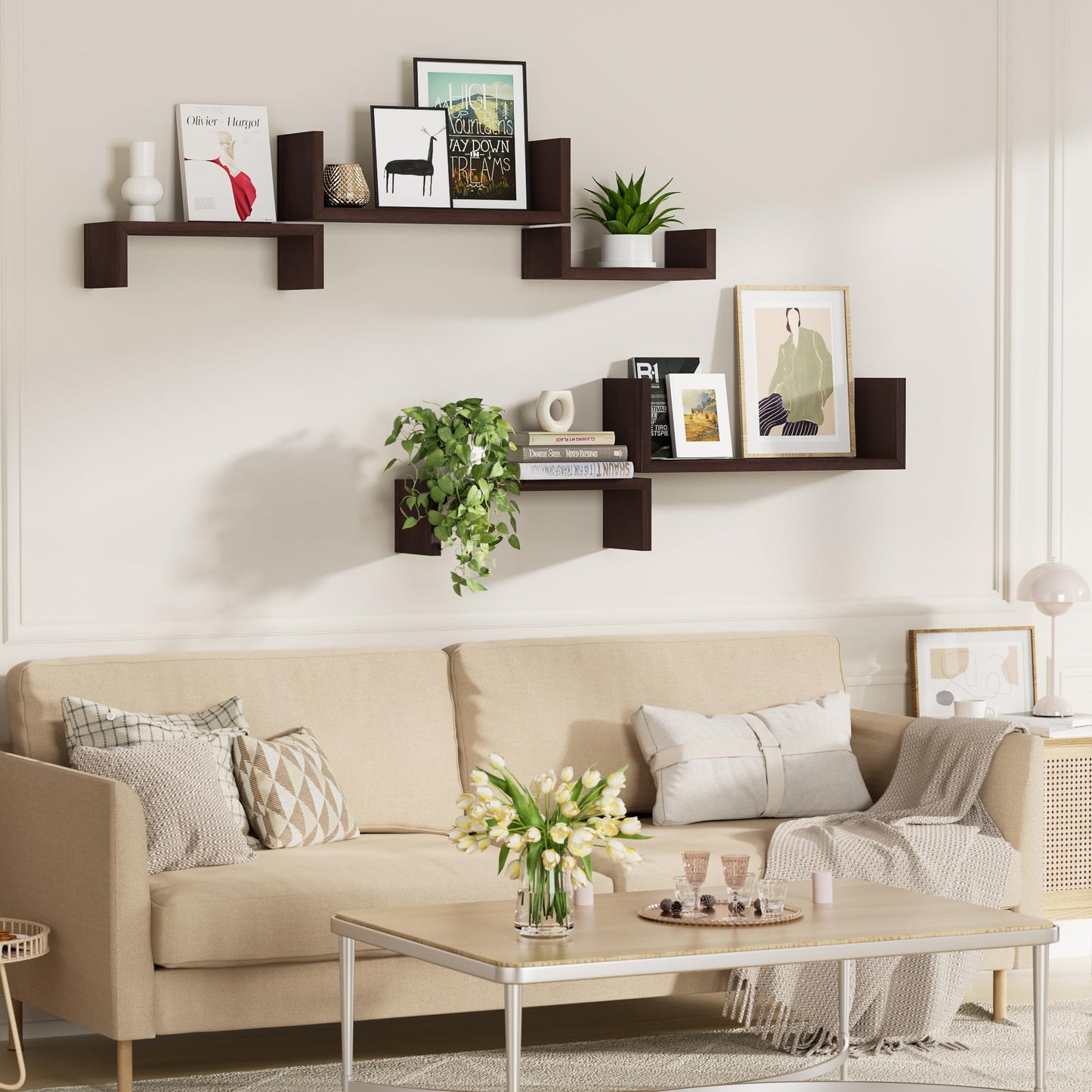 SRIWATANA Floating Shelves for Wall, Wall Shelves for Bathroom, Bedroom, Living Room, Kitchen, Office, Wood Shelves for Home Decor Set of 5 (Dark Walnut)