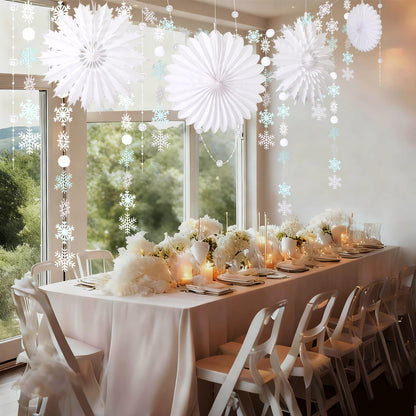Suncalla 18 Pcs Winter Wonderland Snowflake Decorations Hanging Snowy Scene Landscape Party Ornament with Snow Garland Pearl String 15'' Snowflake Paper Fan for Winter Party Photo Props