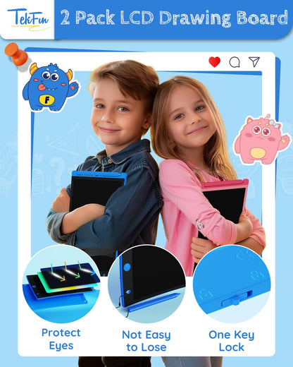 TEKFUN 2 Pack LCD Writing Tablet with Stylus, 8.5in Erasable Doodle Board Mess Free Drawing Pad for Kids, Car Trip Educational Toys Birthday Christmas Gift for 3 4 5 6 7 Girls Boys (2*Blue)