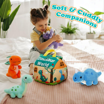 LaRandom 5 Pcs Dinosaur Plush Toys Set with Carry House, 4 Small Stuffed Dinosaurs and Playmat Bag for Dino Birthday Party Favors Goodie Bag Fillers Stocking Stuffers Classroom Prize Gifts