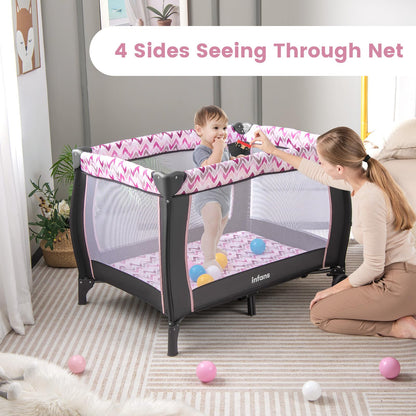 INFANS 4 in 1 Pack and Play, Portable Travel Baby Playard with Bassinet, Changing Table, Canopy, Mosquito Net, Hanging Toys, Music Box, Storage Bag, Large Playpen from Newborn to Toddlers (Pink)