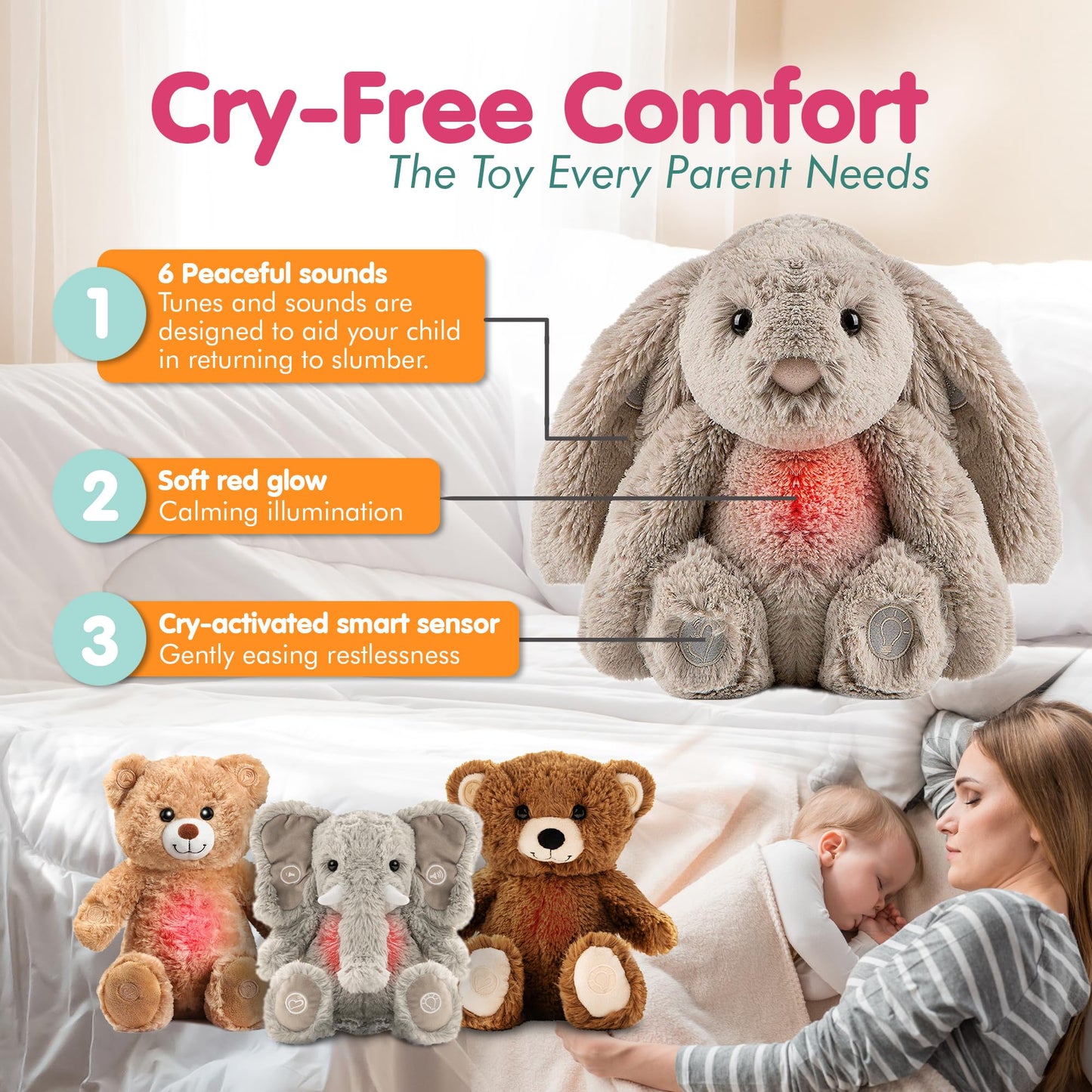 Gemma Joy Bedtime Baby Soothers & StickyOnes Sleep Patches - Cry Activated Heartbeat Bunny Plush Toy, Stuffed Animal with Calming Light & All-Natural, No Melatonin Bedtime Patches for Kids and Baby