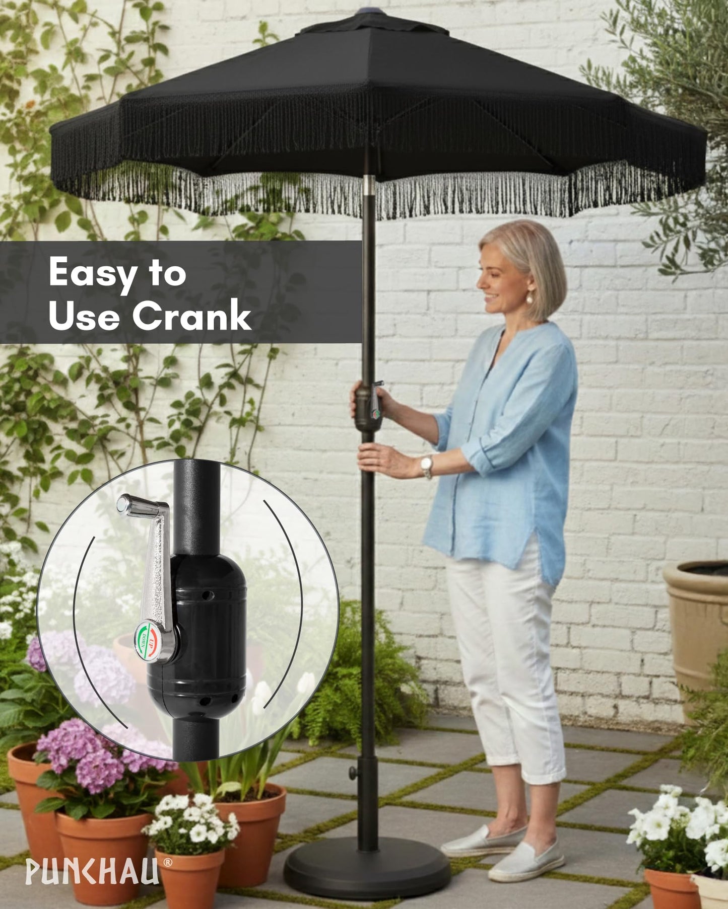 Punchau 6 Ft Black Fringe Patio Umbrella - Outdoor Umbrella for Patio, Pool, Table, Garden, & Deck, Push Button Tilt Pole - Fashionable Vintage Tassels - Black
