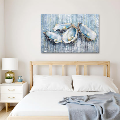 FuShvre Coastal Theme Wall Art Decor Oyster Shell with Pearl Canvas Painting Blue Prints Artwork for Bathroom Bedroom Stretched and Framed 36"x24" (L)