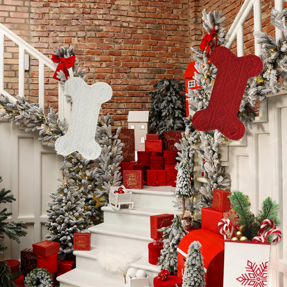KCFESTIHUE Christmas Stocking, Large Dog Bone Shape, Super Soft Cable Knit Pattern, 18", Fireplace Hanging Holiday Decoration, Knitted Xmas Stockings for Pets, Family Party Décor, White