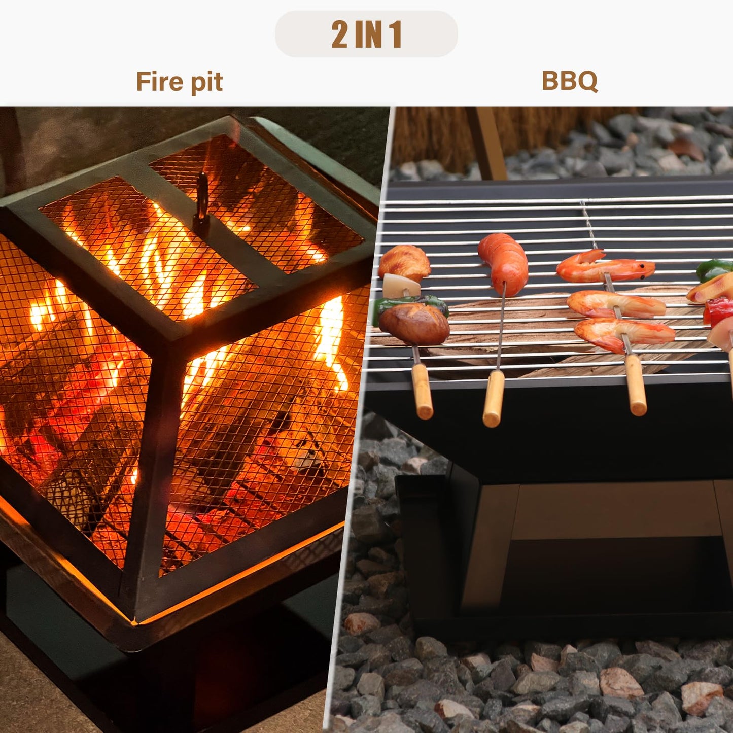 Quilushey 19.8inch Portable Small Fire Pit with a Removable Ash Pan, Fire Poker, Mesh Lid, 2 in 1 Square Outdoor Fireplace for BBQ, Outside Heating, Bonfire Party, Camping, Backyard, Patio, RV Trip