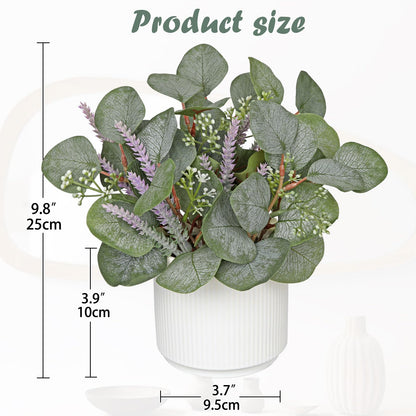 Small Artificial Plants Indoor, 9.8" Faux Eucalyptus Stems in Ceramic Pot for Table, Desk, Shelf, Fake Potted Plants Eucalyptus Leaves with Lavender for Centerpieces, Living Room, Bathroom, Bedroom