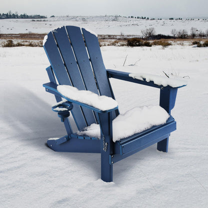 Magpie Fabrics Foldable Adirondack Chair with Cup Holder, HDPE Weather Resistant Oversize Outdoor Chair, Widely Used in Patio, Fire Pit, Deck, Porch, Garden, Campfire (Navy Blue)