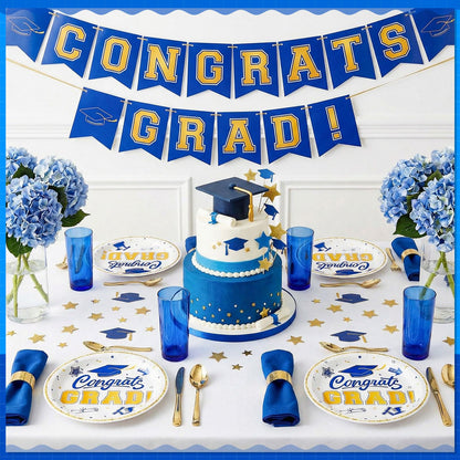 Sabary Blue White Gold 100 Pcs Graduation Paper Plates 2026 7 Inch Graduation Party Supplies Class of 2026 Decorations Congrats Grad Plates Disposable Plate Tableware (Classic)