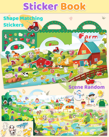 Benresive Reusable Sticker Book for Toddlers, Stickers for Kids, Travel Toys for Arts & Crafts Activities, Birthday Gift for Boys & Girls, Farm, Animal and Season Themes