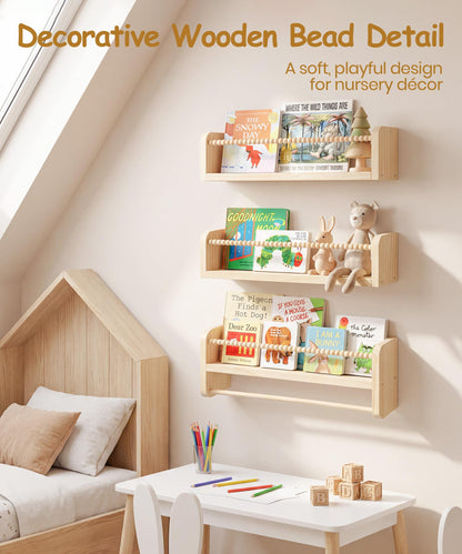 Mazjoaru Nursery Book Shelves for Wall Set of 3, Natural Wood Bookshelves Wall Decor, Small Floating Shelf Organizer for Kids Room, Bedroom, Kitchen Spice Rack