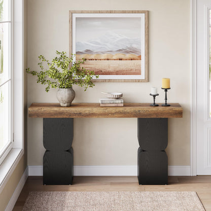 63-Inch Console Table, Heavy-Duty Look, Behind Couch Sofa Table, Color Blocking Design, Bold Structural Presence, Modern Entryway Furniture for Living Room, Hallway, Foyer, Brown + Black