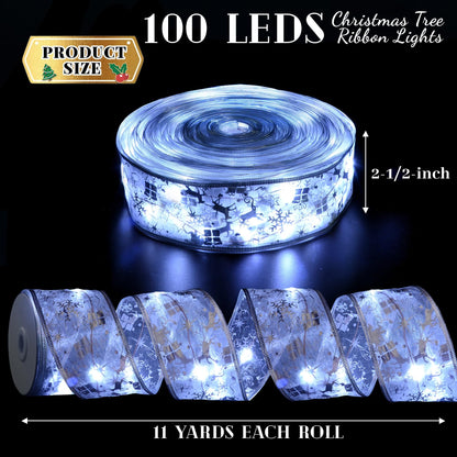 Vimorg Christmas Decorations, 2.5Inch x 33Ft 100 Led Christmas Tree Ribbon Lights with Remote Control, Battery Operated & USB Powered 8 Lighting Modes Fairy String Lights with Timer for Xmas Decor
