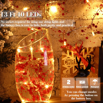 Mudder 13 ft 40 LED Christmas Light Pearl Berry Beaded Garland String Light for Indoor Outdoor Festive Birthday Party Wedding DIY Home Mantel Decoration 2 Flicker Modes(Red)